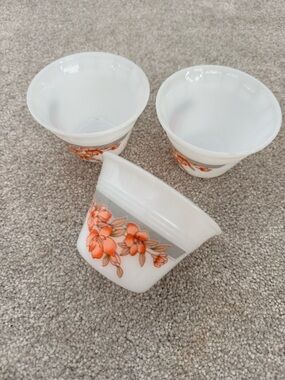 Vintage Milk Glass Custard Cups with Orange Floral Design